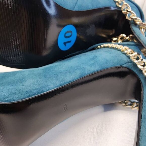 GUESS Adilee Teal Chain Pleated Peep Toe Stiletto Leather Booties Size 10 - Picture 9 of 10